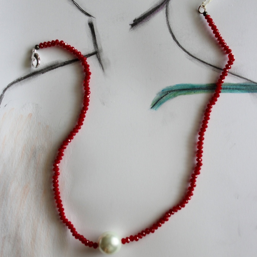 Czech Fire "Ruby" Pearl Pendant Swarovski Necklace